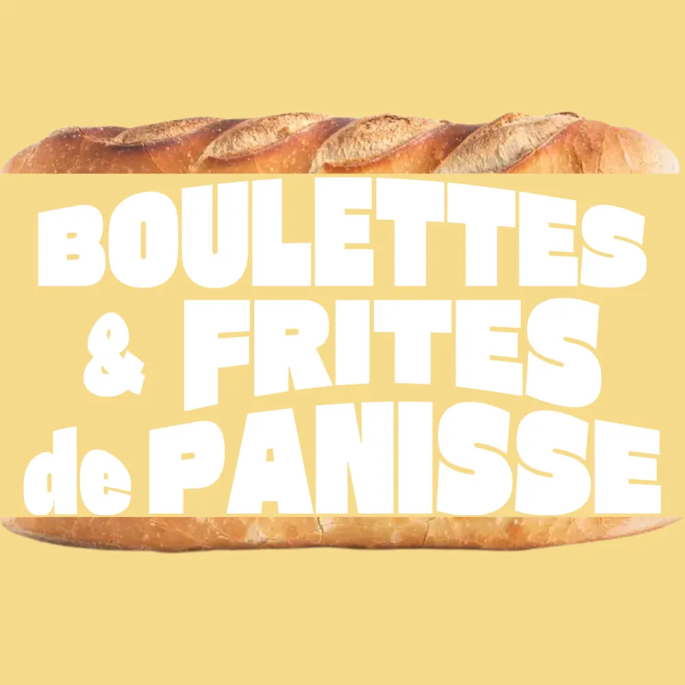 Illustration du sandwich boulettes et frites de panisses avec typographie bold et graphique, sur fond jaune. 