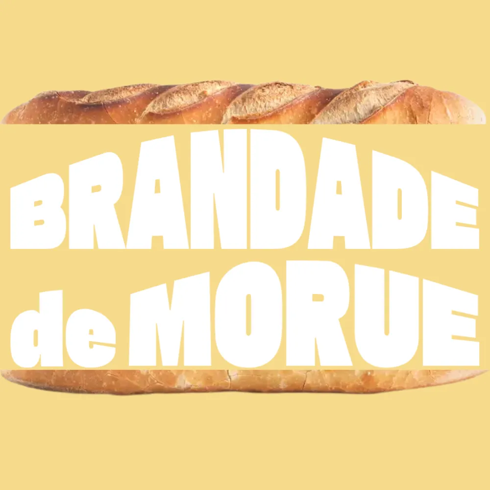 Illustration du sandwich Brandade de morue avec typographie bold et graphique, sur fond jaune. 