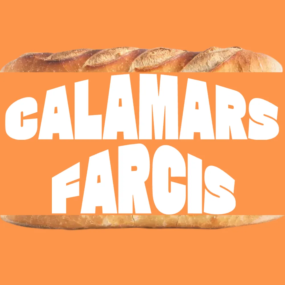 Illustration du sandwich Calamars farcis avec typographie bold et graphique, sur fond orange 