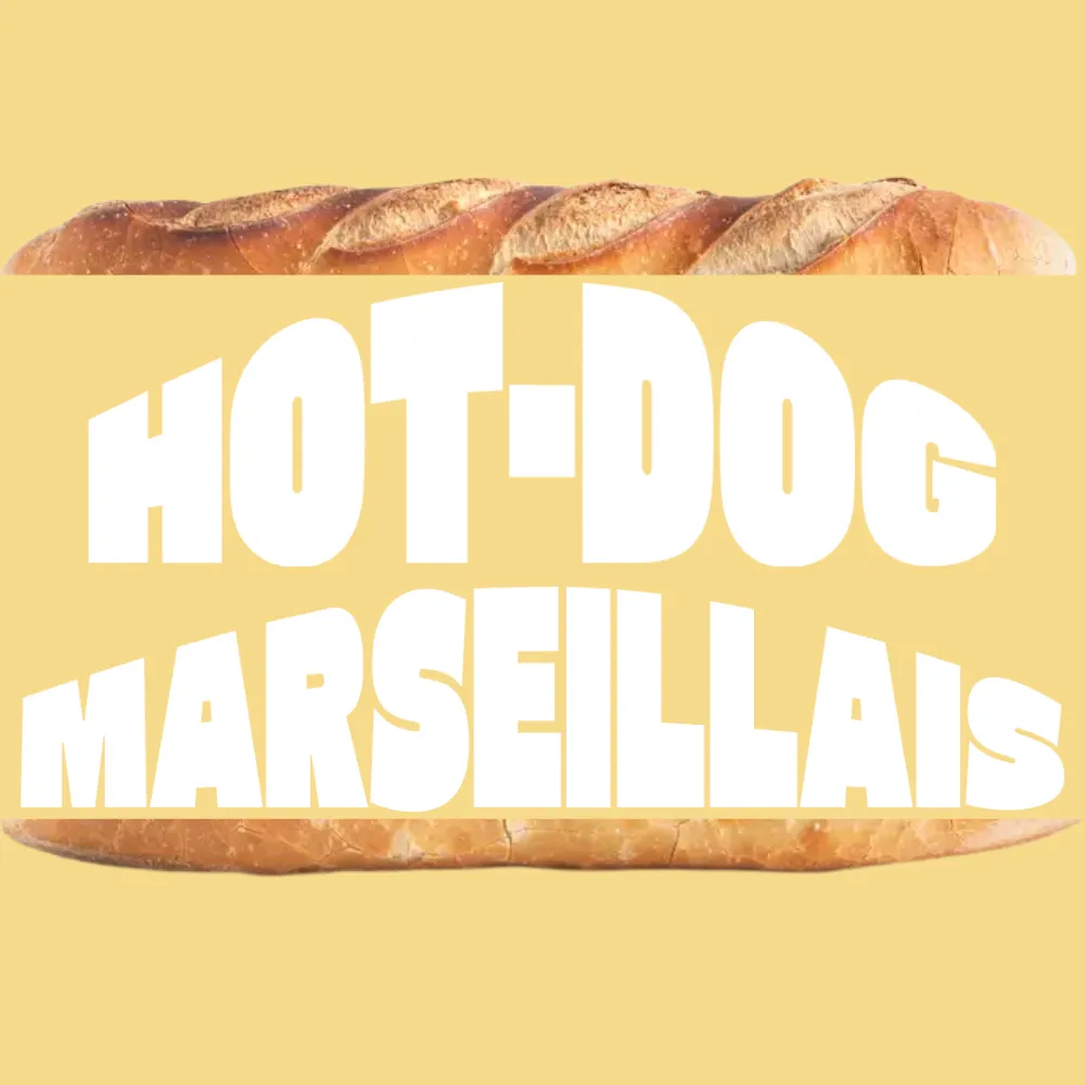 Illustration du sandwich Hot-dog Marseillais avec typographie bold et graphique, sur fond jaune. 