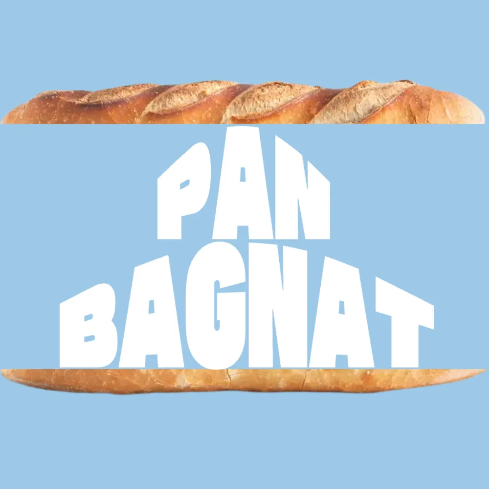 Illustration du sandwich Pan Bagnat avec typographie bold et graphique, sur fond bleu. 