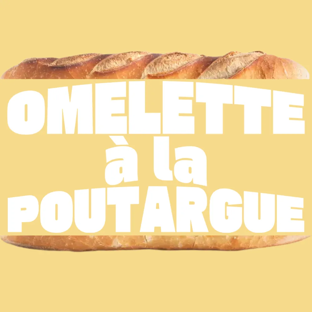 Illustration du sandwich Omelette à la poutargue avec typographie bold et graphique, sur fond jaune. 