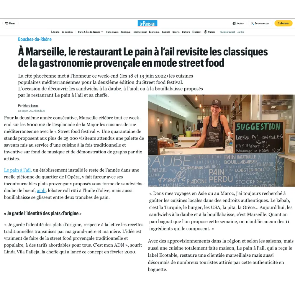 Capture d’écran d’un article publié sur le site du journal Le Parisien présentant le restaurant Pain à l’Ail. 