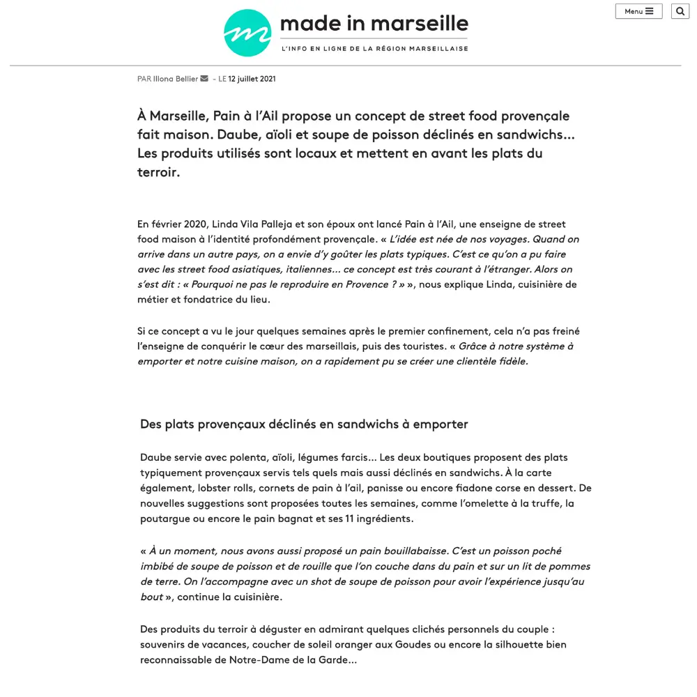 Capture d’écran d’un article publié sur le site Made in Marseille présentant le restaurant Pain à l’Ail. 