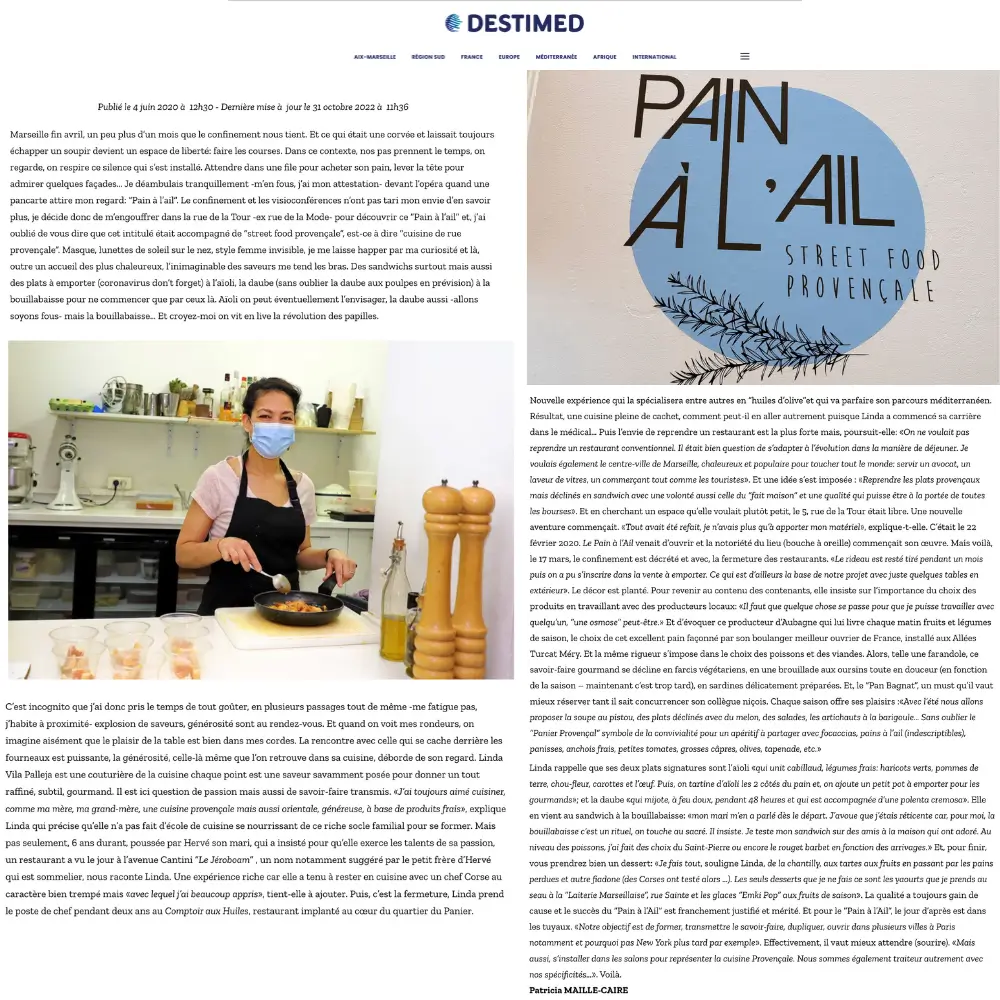 Capture d’écran d’un article publié sur le site Destimed présentant le restaurant Pain à l’Ail. 