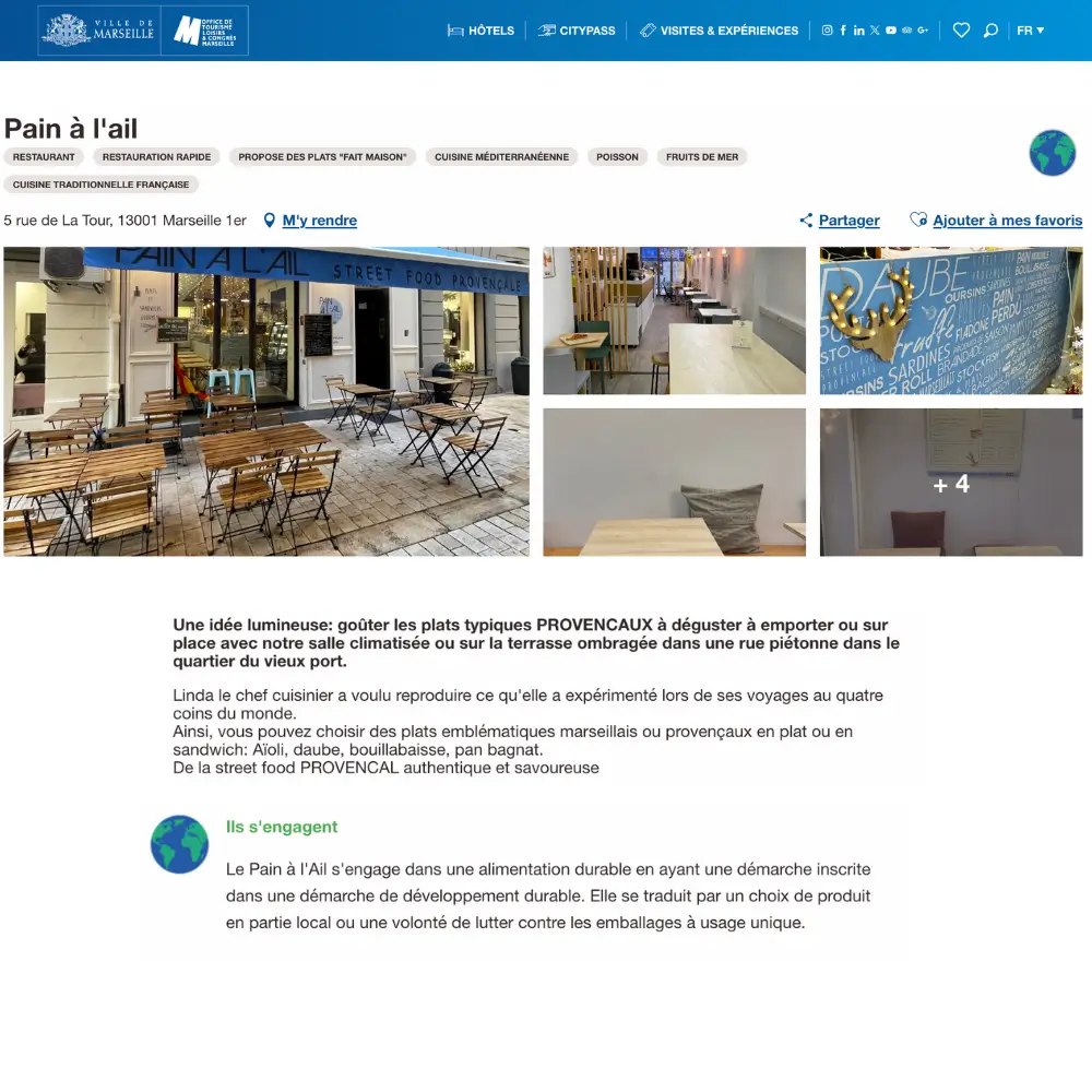 Capture d’écran d’un article publié sur le site officiel de la Ville de Marseille présentant le restaurant Pain à l’Ail. 