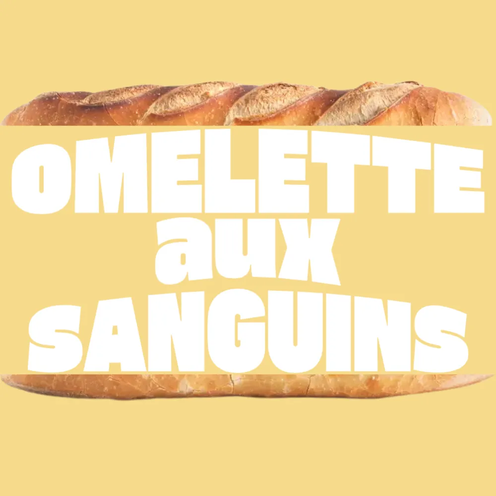 Illustration du sandwich Omelette aux sanguins avec typographie bold et graphique, sur fond jaune. 