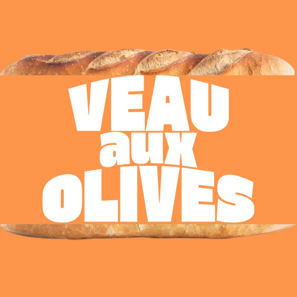 Illustration du sandwich Veau aux olives avec typographie bold et graphique, sur fond orange 